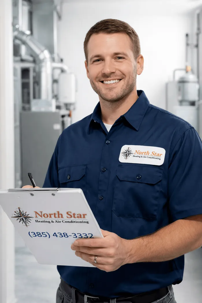 North Star technician reviewing a checklist in a mechanical room