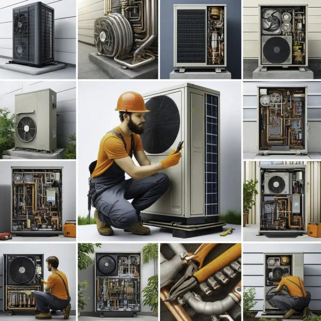 Collage of heat pumps and the installation of them by a licensed hvac contractor.